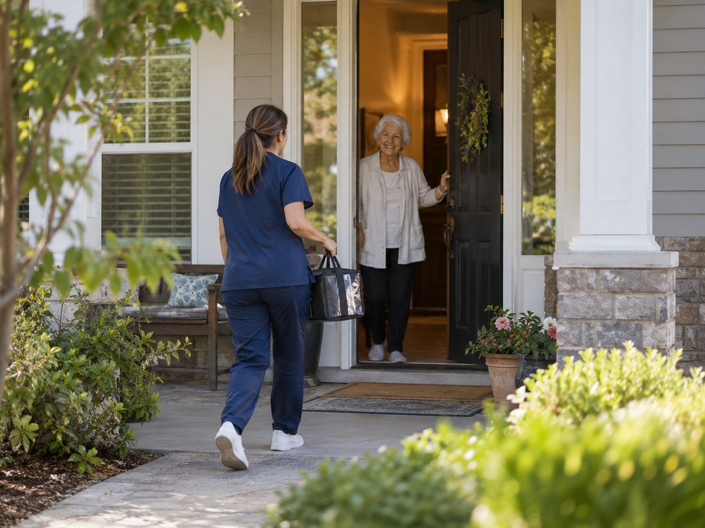 A caregiver carrying an insulated meal bag is welcomed at the front door of a suburban home