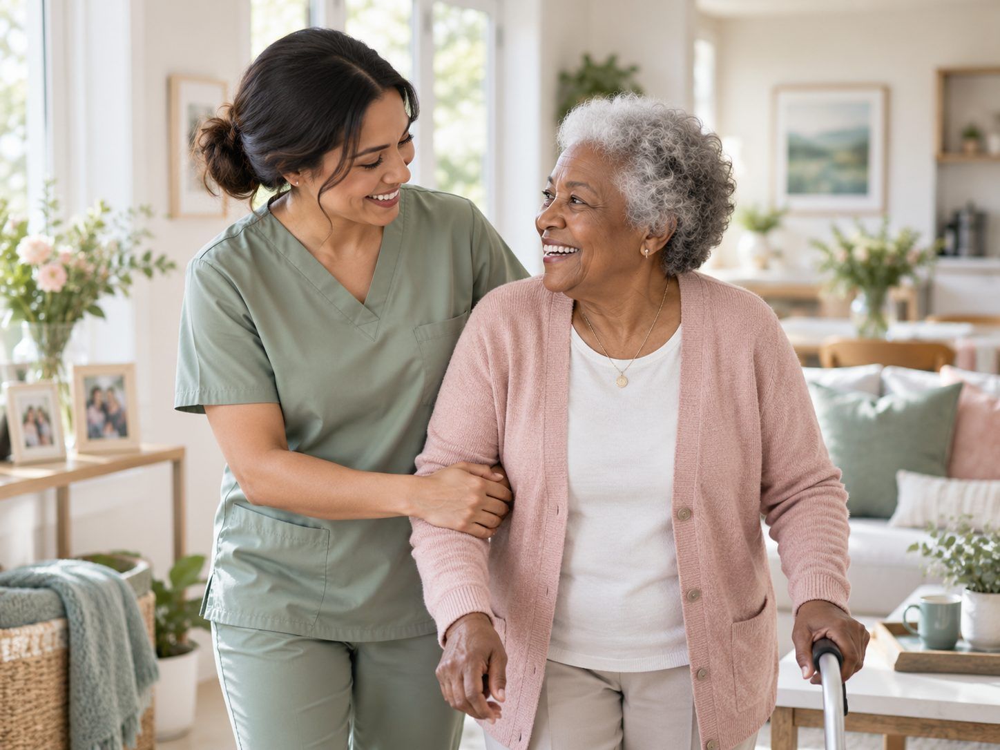 A caregiver walks arm in arm with a smiling older woman through a bright living room