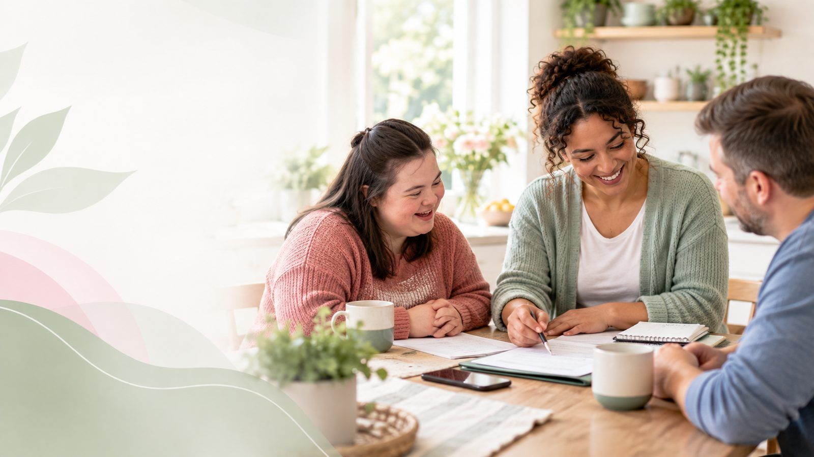 Three people review a written plan together at a sunny kitchen table